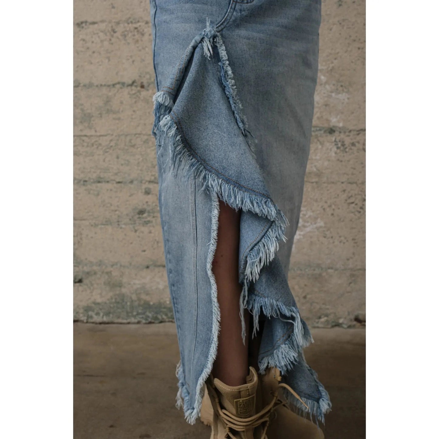 Front Slit Ruffle Denim Maxi Skirt in Medium Wash - Jaunts Boutique