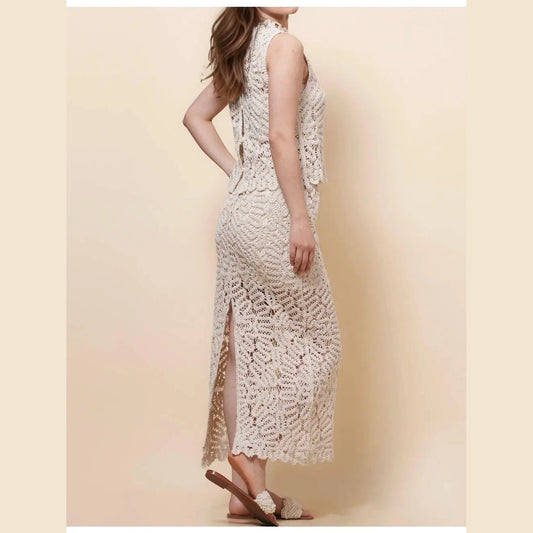 Crochet Elastic Waist Midi Skirt in Natural - Jaunts Boutique