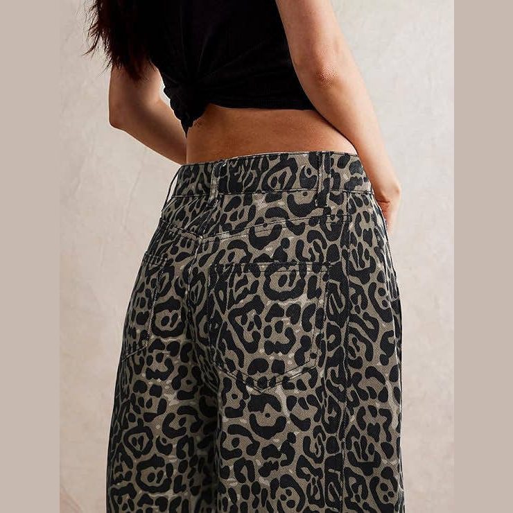 Midi Rise Wide Leg Barrel Denim Pants in Leopard Print - Jaunts Boutique