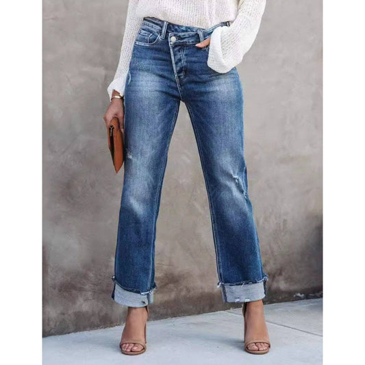 High-Waist Distressed Straight-Leg Denim Pants - Jaunts Boutique
