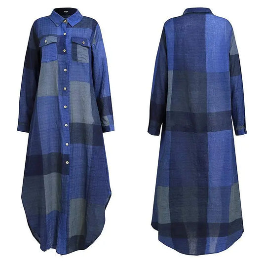 Plaid Shirt Long Dress in Blue - Jaunts Boutique