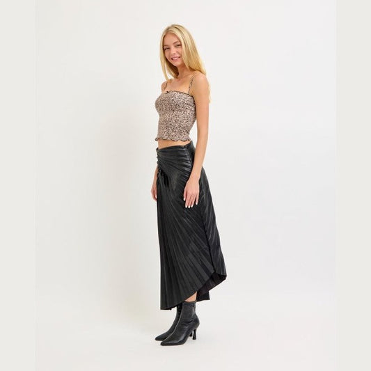 Vegan Leather Asymmetrical Skirt with Starburst Pleat Detail - Black