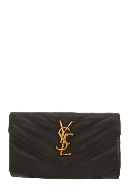 Metal Letter Engraved Chevron Quilted Handbag in Brown & Black