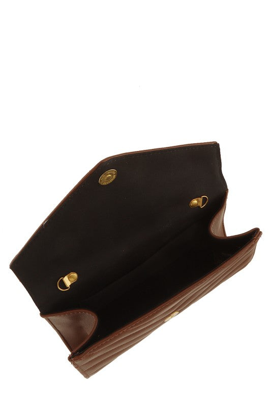 Metal Letter Engraved Chevron Quilted Handbag in Brown & Black