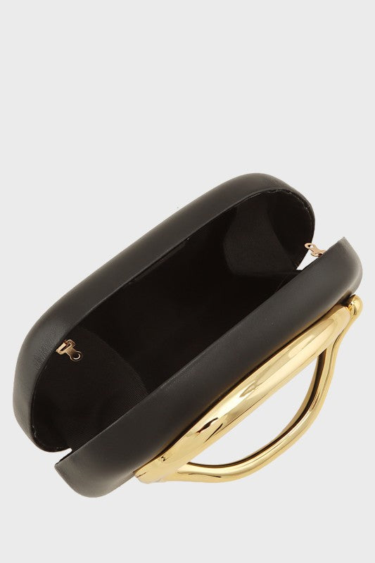 Compact Clutch Bag with Oversized Gold Handle in Snakeskin & Black