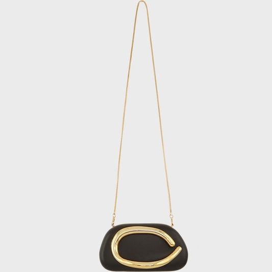 Compact Clutch Bag with Oversized Gold Handle in Black