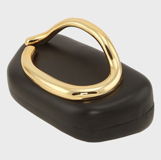 Compact Clutch Bag with Oversized Gold Handle in Snakeskin & Black