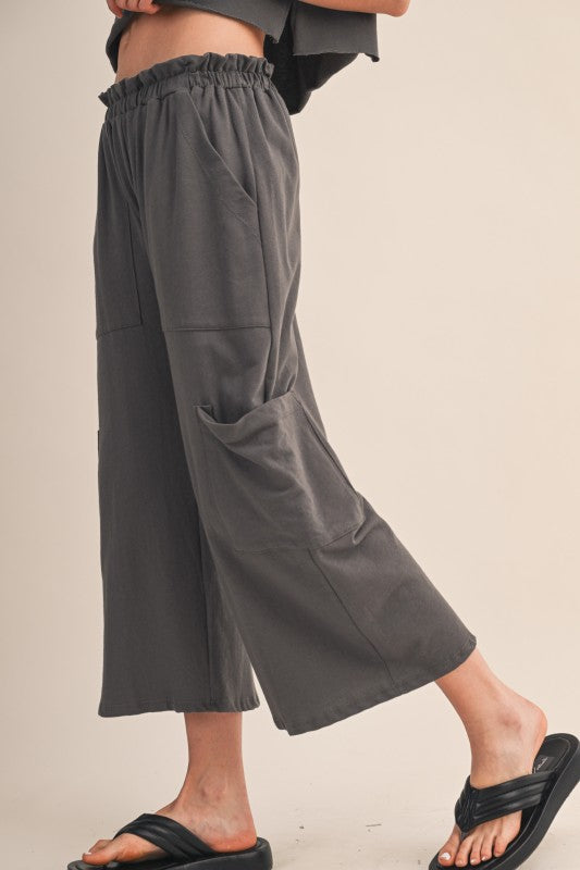 Charcoal French Terry Wide-Leg Pants