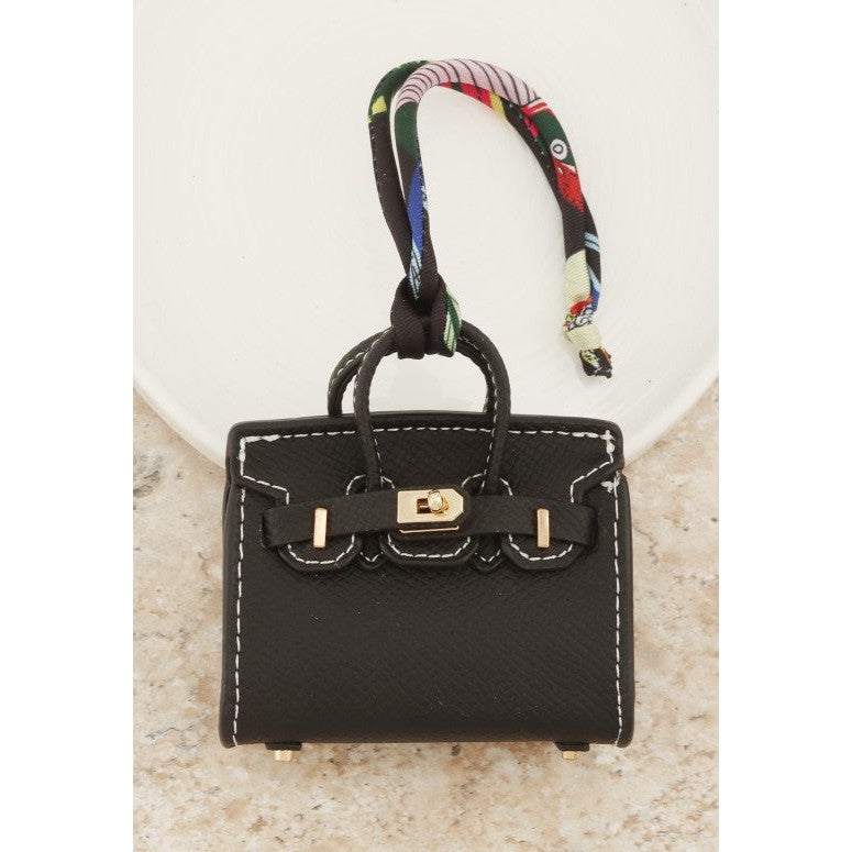 Textured Faux Leather Bag Charm with Silk Scarf in Taupe & Black