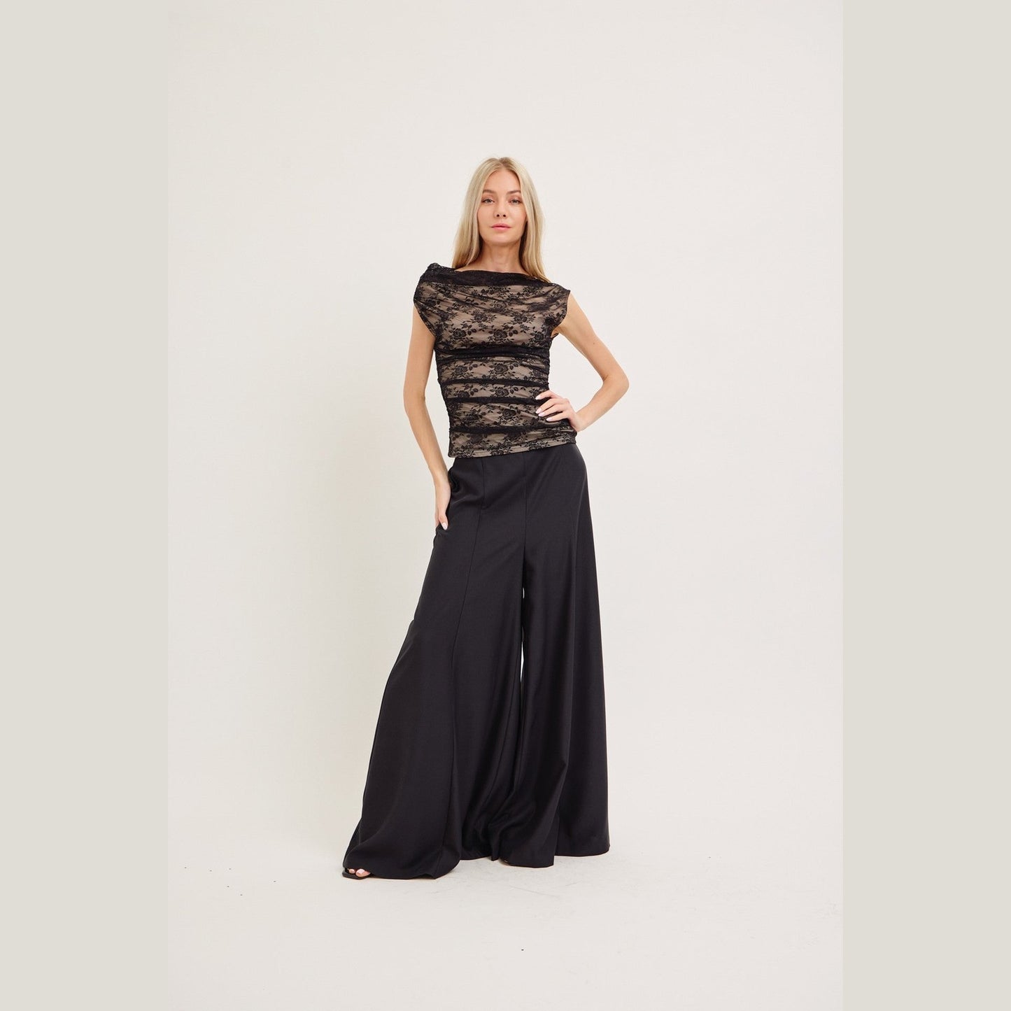 Off-the-Shoulder Lace Top – Nude Lining & Black Lace