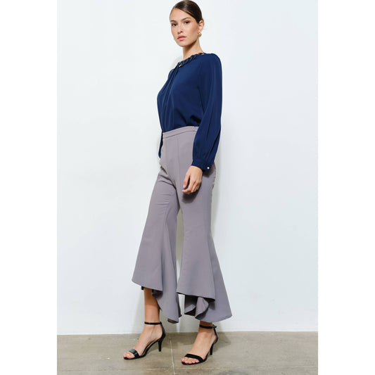 Draped Ruffle High-Low Flare Pants in Grey - Jaunts Boutique