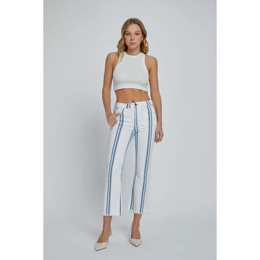 Striped High Rise Crop Flare Denim with Frayed Hem in White & Light Denim - Jaunts Boutique
