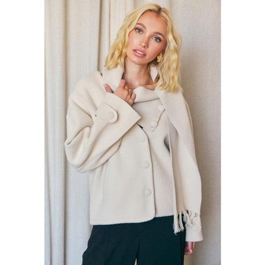 Scarf V-Neck Double-Sided Coat In Cream