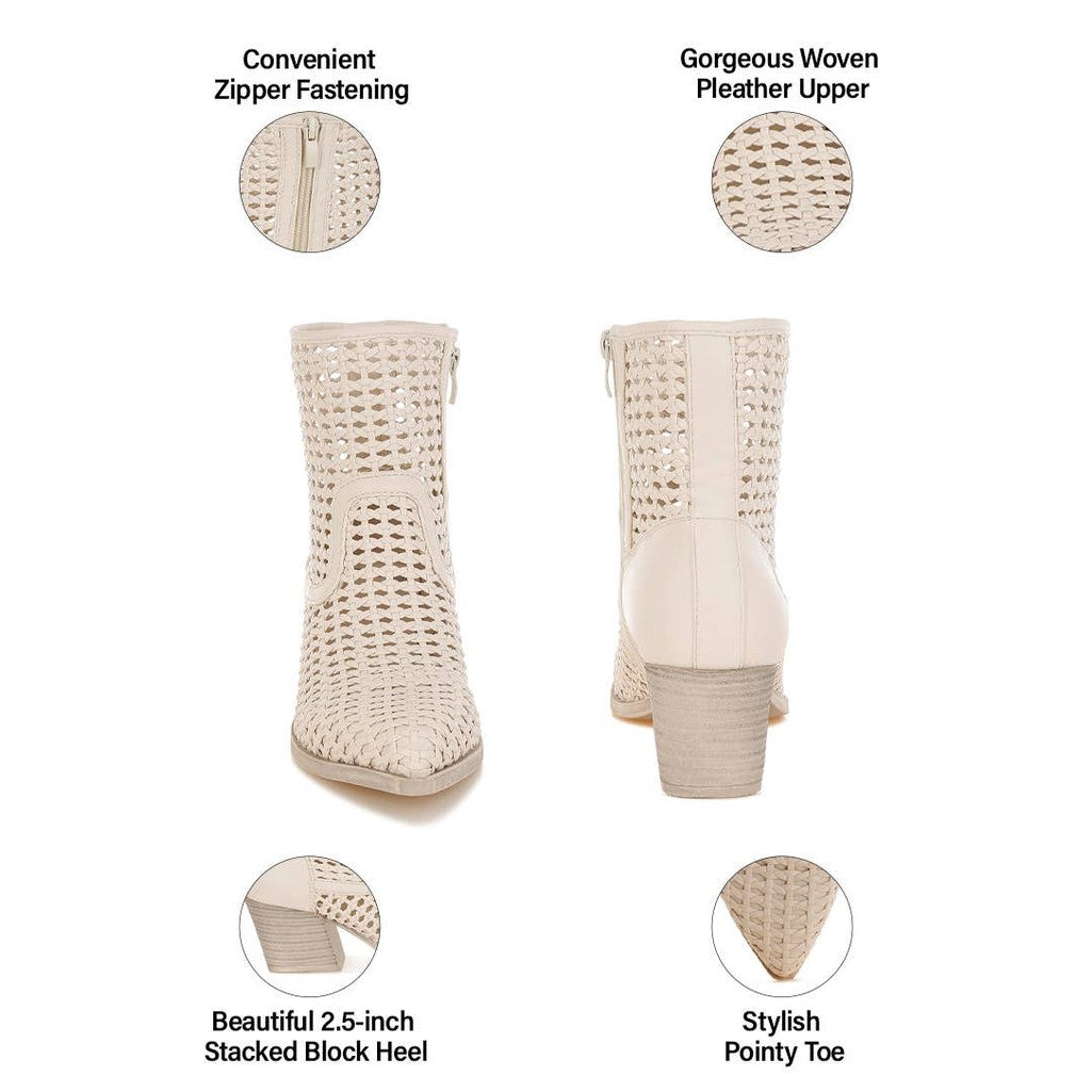 Artisole Woven Pleather Block Heel Booties - Off-White