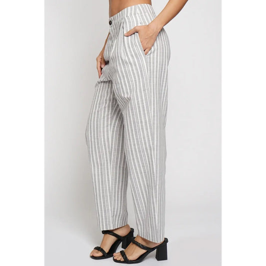 Uneven Stripe Linen Pants in Grey - Jaunts Boutique