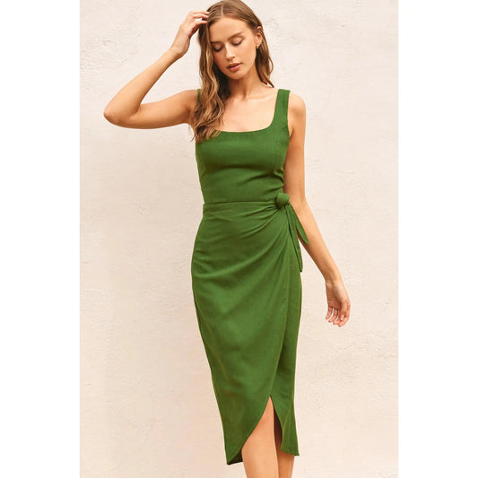 Heaven Sent Tulip Hem Midi Wrap Dress in Ibiza Green - Jaunts Boutique