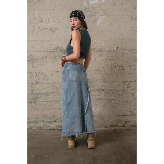 Front Slit Ruffle Denim Maxi Skirt in Medium Wash - Jaunts Boutique