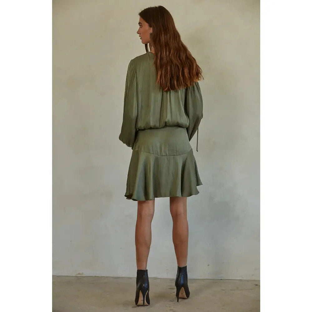 Off-Shoulder Long Sleeve Mini Dress in Olive - Jaunts Boutique