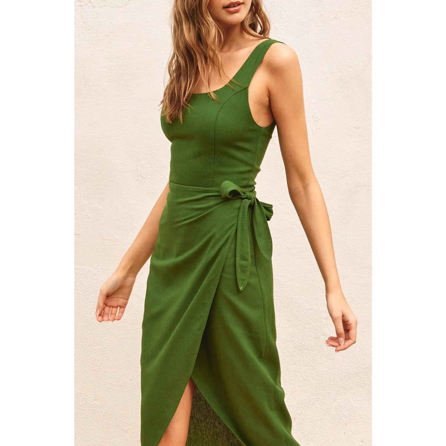 Heaven Sent Tulip Hem Midi Wrap Dress in Ibiza Green - Jaunts Boutique