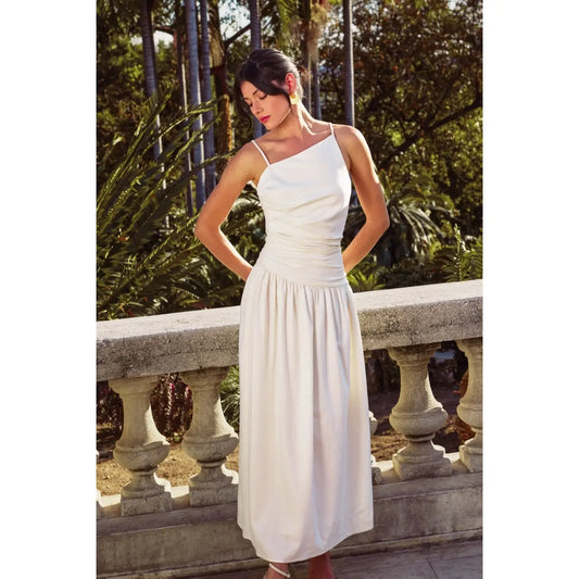 Heaven Sent Drop Waist Ruched Maxi Dress in Ivory - Jaunts Boutique