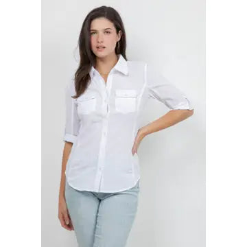 Knit To Fit Button Down Utility Shirt in White - Beige