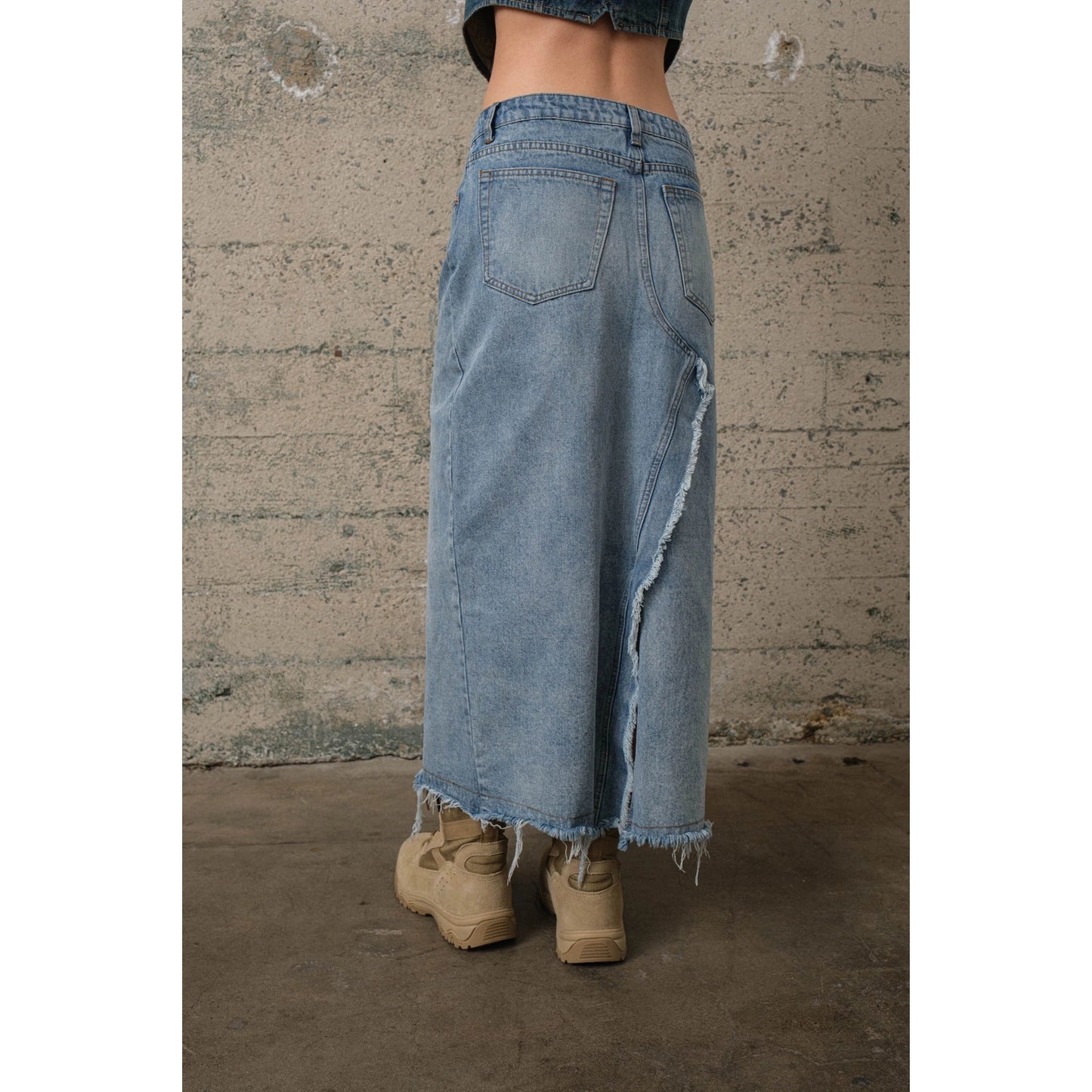 Front Slit Ruffle Denim Maxi Skirt in Medium Wash - Jaunts Boutique