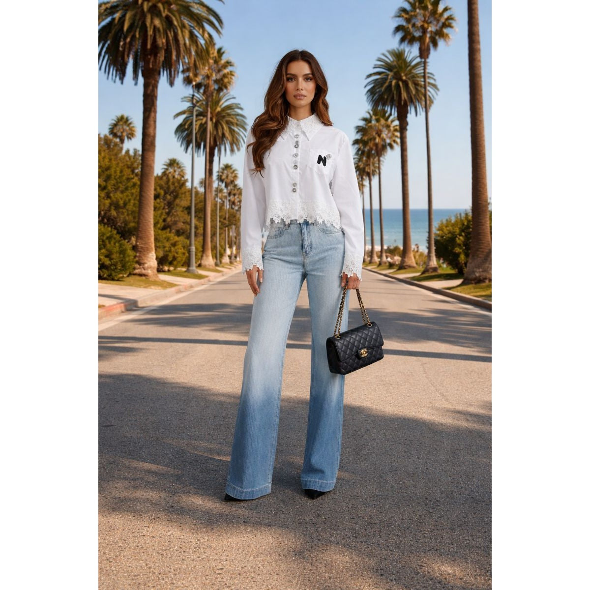 Lace-Trim Button-Down Semi Cropped Blouse - White