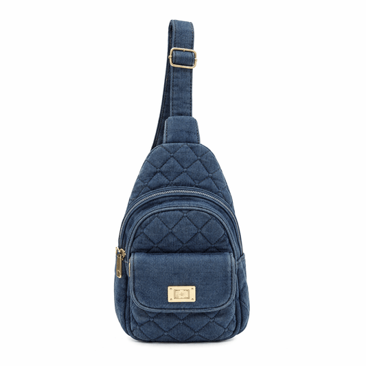 Cross Pattern Denim Sling Hand Bag in Light - Dark Denim