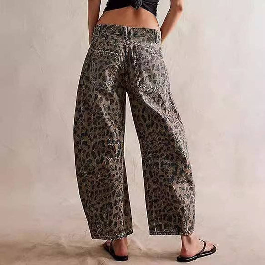 Midi Rise Wide Leg Barrel Denim Pants in Leopard Print - Jaunts Boutique