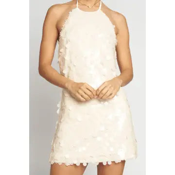 Uneven Sequins Halter Mini Dress in Ivory - Jaunts Boutique