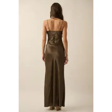 Satin Bias-Cut Tie-Front Cutout Maxi Slip Dress in Sage Brown - Jaunts Boutique