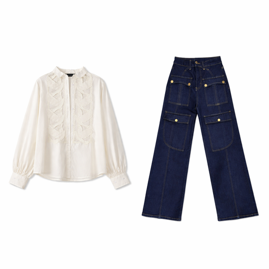 Sheer Appliqué Detail Blouse - Off White