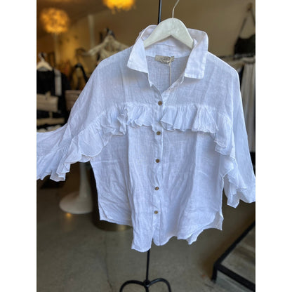 Astrid Italy Hampton Ruffle Detail Linen Blouse in White - Jaunts Boutique 