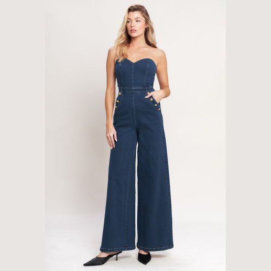 NEXT LEVEL STRAPLESS DENIM JUMPSUIT. Website exclusive · Ships direct!