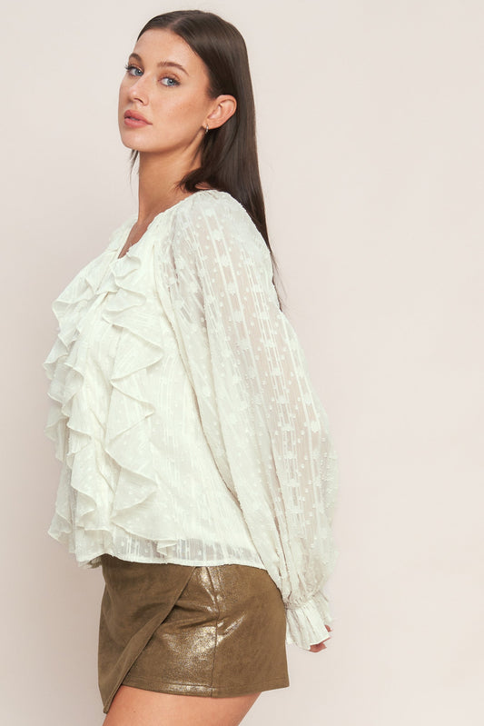 MILK & MOONLIGHT RUFFLE WOVEN BLOUSE. Website exclusive · Ships direct!