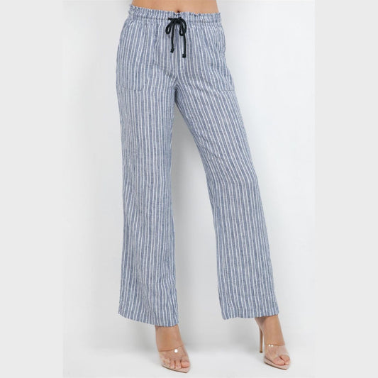Blue & White Striped Drawstring Straight Leg Pants