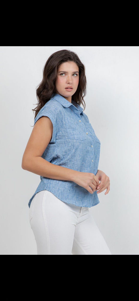 Sleeveless Button-Up Blouse - White & Light Denim Blue