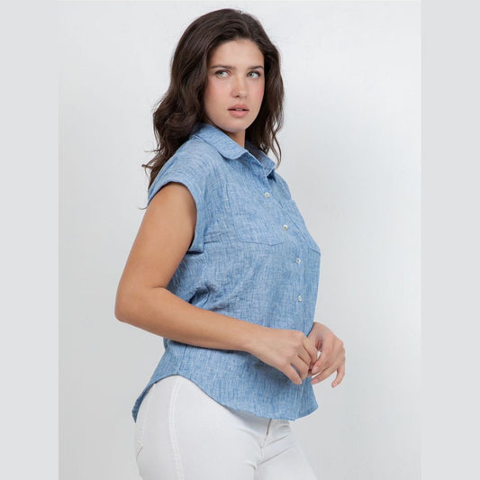 Sleeveless Button-Up Blouse - White & Light Denim Blue