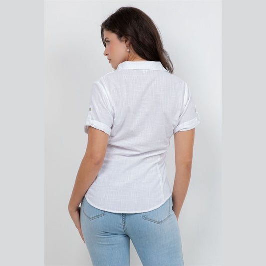 Short Sleeve Knit Fit Button-Up Shirt - White