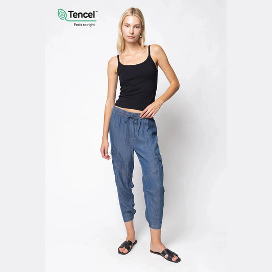 Tencel™ Cargo Denim Jogger Pants With Elasticized Waistband in Dark Blue - Jaunts Boutique