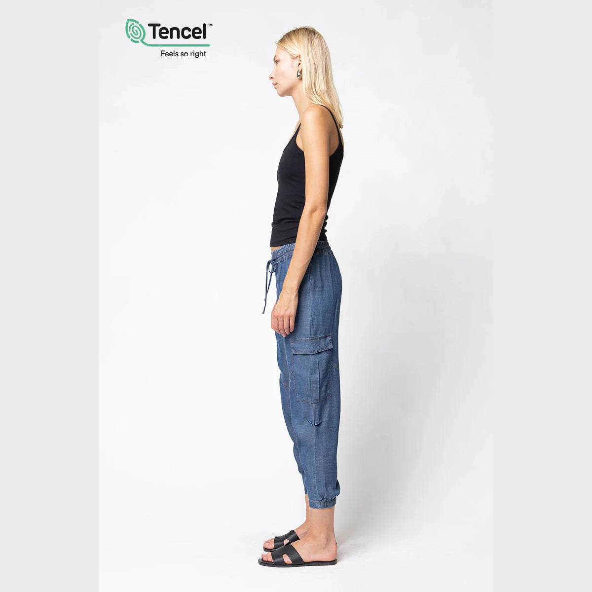 Tencel™ Cargo Denim Jogger Pants With Elasticized Waistband in Dark Blue - Jaunts Boutique