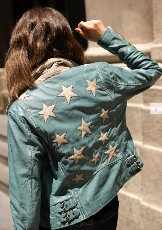 Mauritius Christy RF Star Detail Leather Jacket in  Sea Green