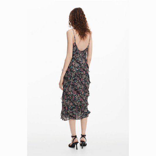 Desigual Spaghetti Strap V-Neck Midi Dress in Autumn Botanical Print - Jaunts Boutique