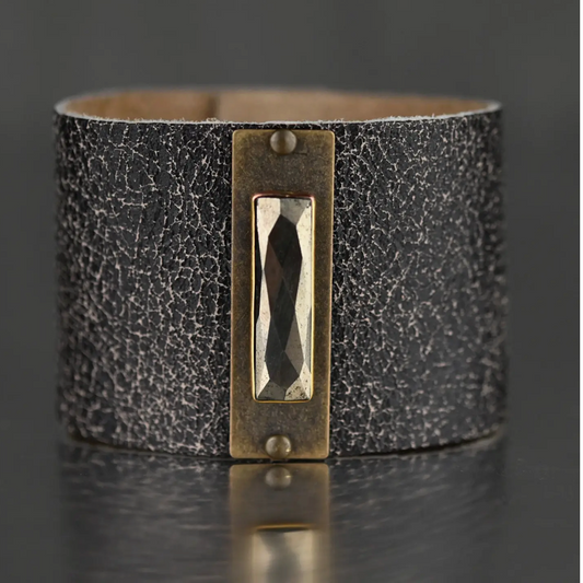 KBD Studio 2" Leather Soft Black Distressed Cuff with Labradorite - Jaunts Boutique