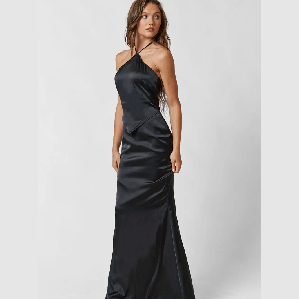 slim fit dress slacks Satin Halter Neck Back Tie Dress in Black