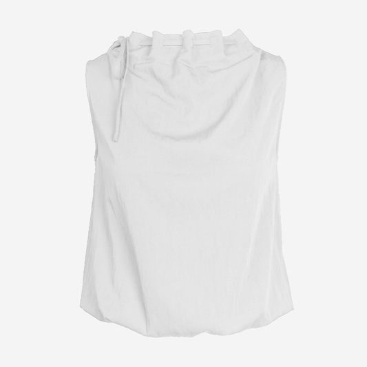 Cinched Mock Neck Sleeveless Top in White & Beige - Jaunts Boutique