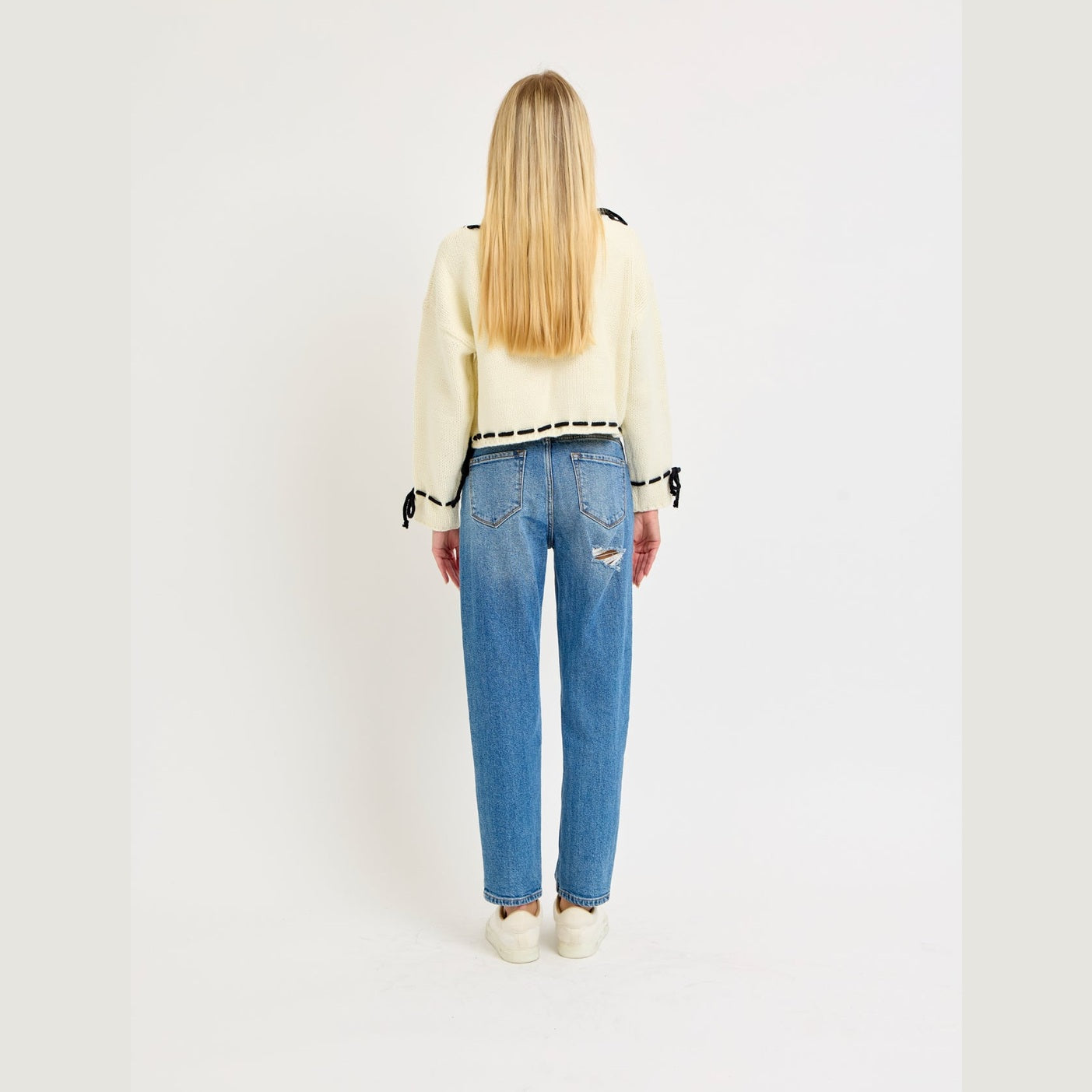 Contrast Stitch Sweater Cream - Black