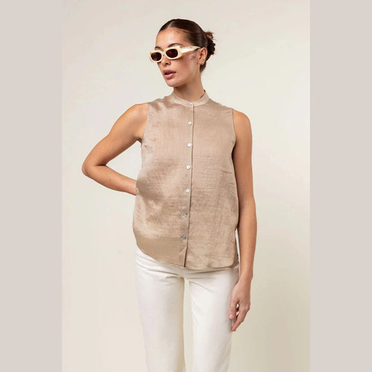 Linen‑Blend Band‑Collar Sleeveless Top in Rose Pink - Jaunts Boutique