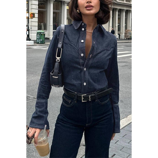 Classic Button-Up Denim Shirt: BLUE / L - Jaunts Boutique