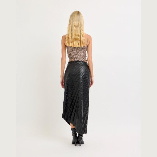 Vegan Leather Asymmetrical Skirt with Starburst Pleat Detail - Black